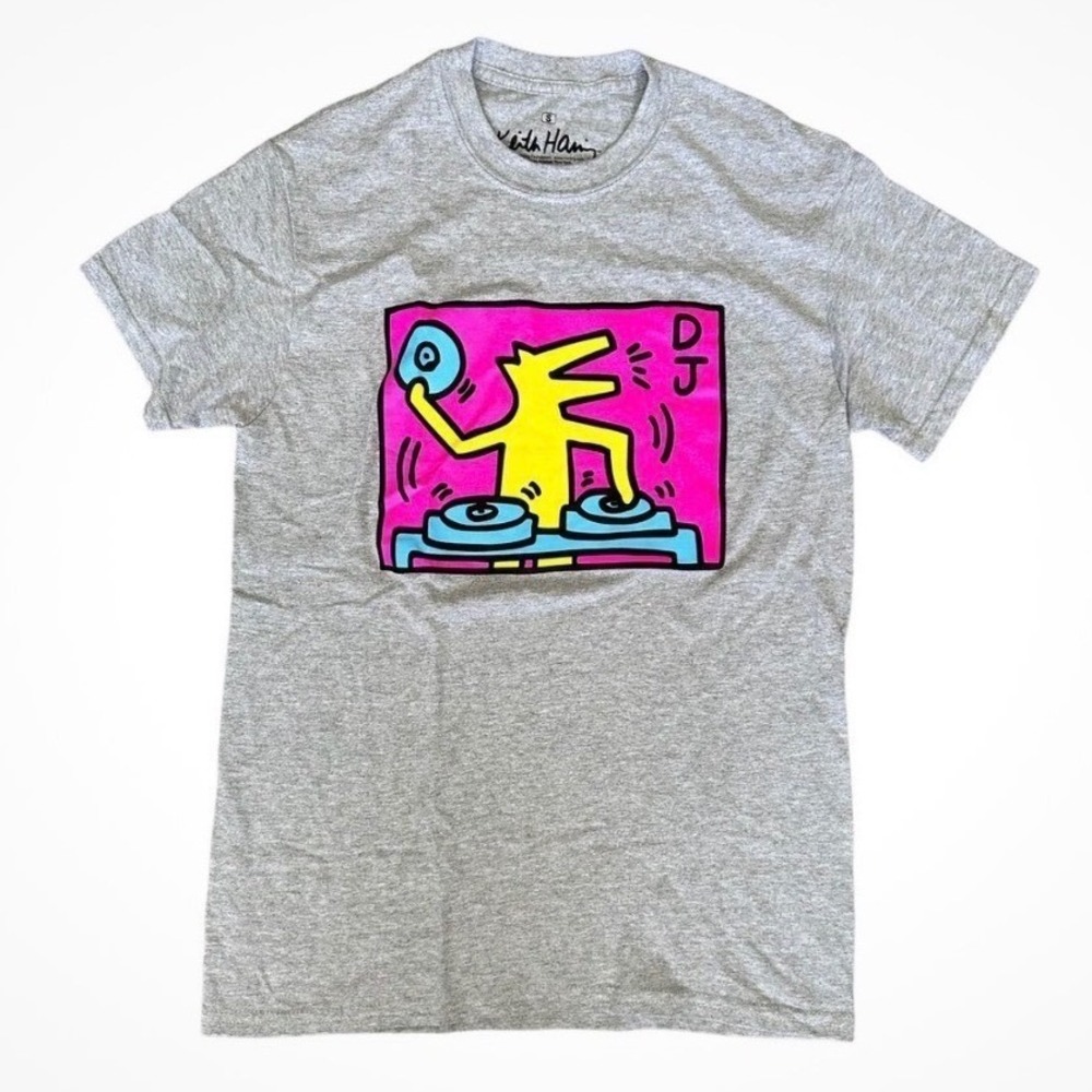 Keith Haring DJ Dog Graphic T-Shirt Mens Large Heather Gray Pop Art Short Sleeve